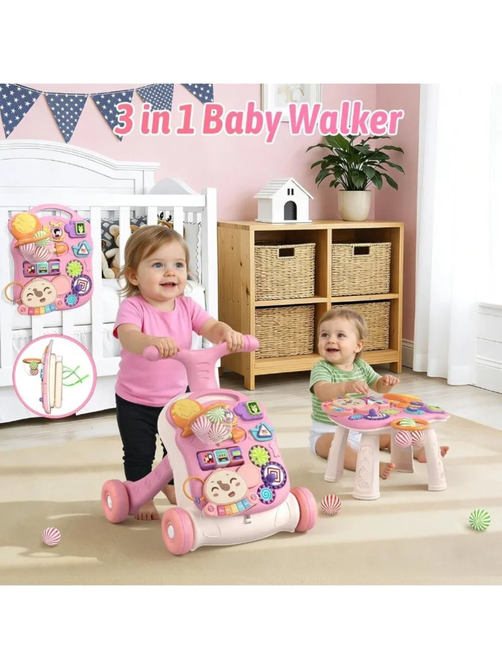 3-in-1 Baby Walker & Activity Center for Girls | Learning, Sit-to-Stand, Music